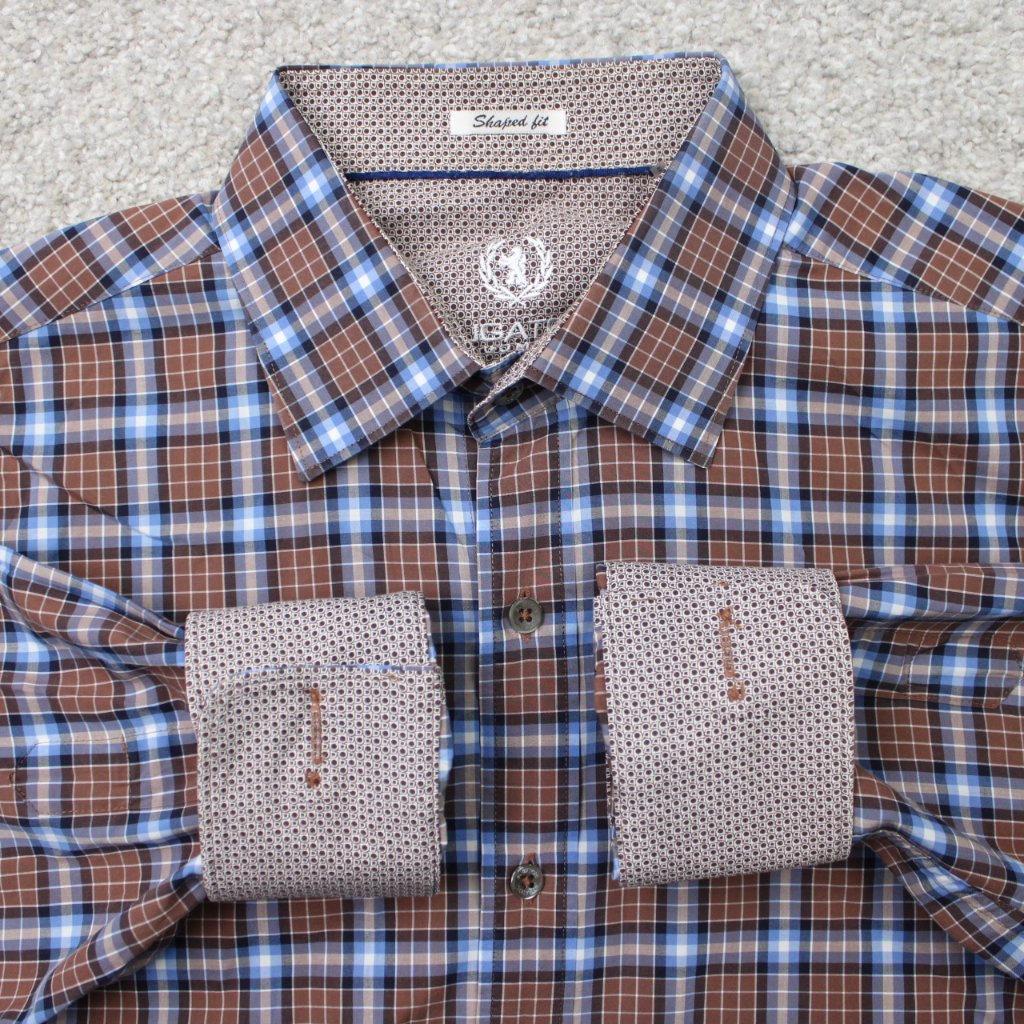 Bugatchi Uomo Shirt Men Large Brown/Blue Shaped Fit Flip Cuff Long Sleeve Cotton